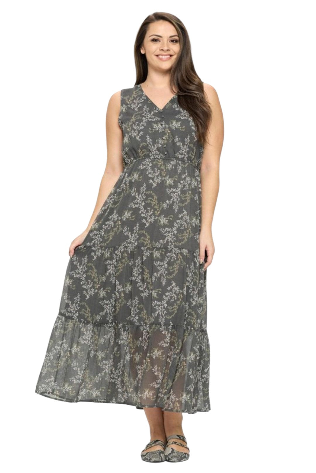 Grey Floral V Neck Maxi Dress