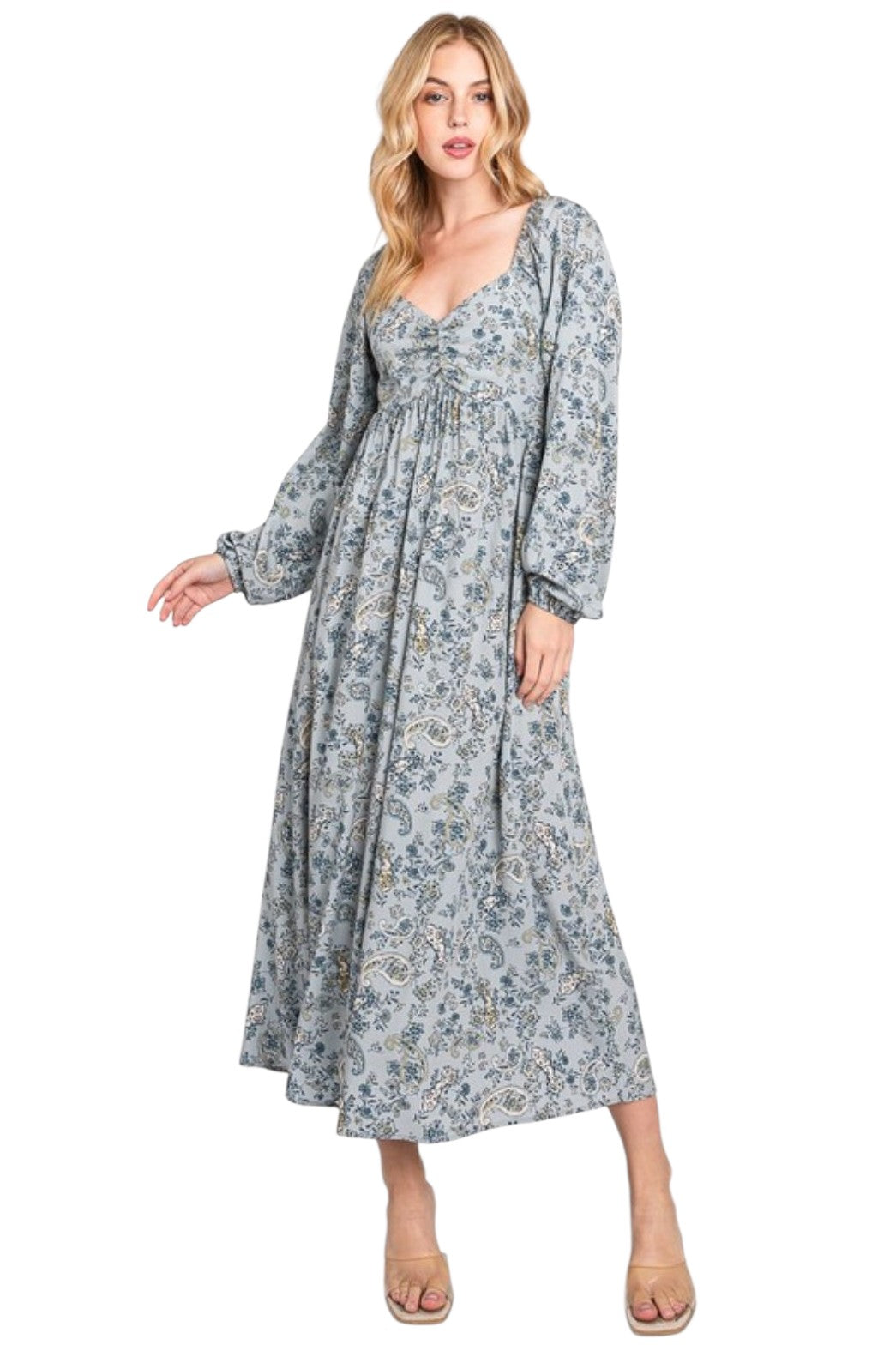 Denim Blue Floral Long Sleeve Midi Dress