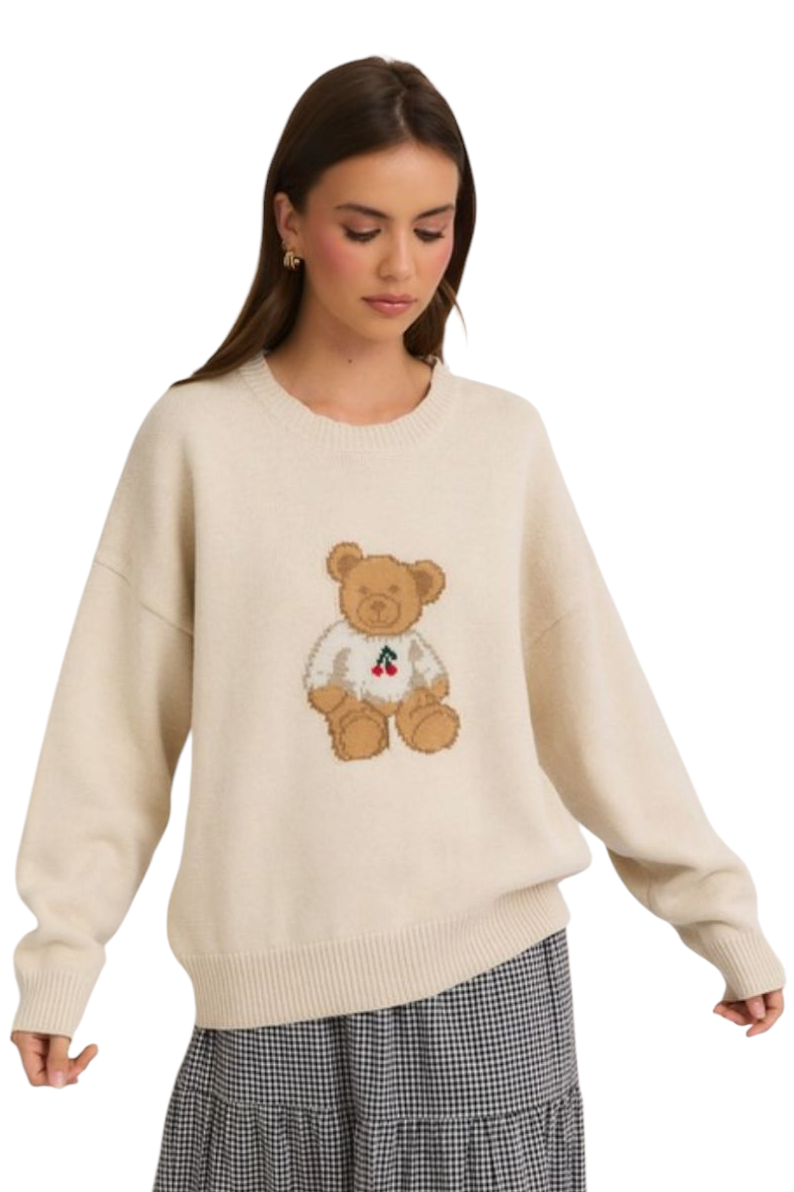 Cream Teddy Bear Cherry Knitted Sweater