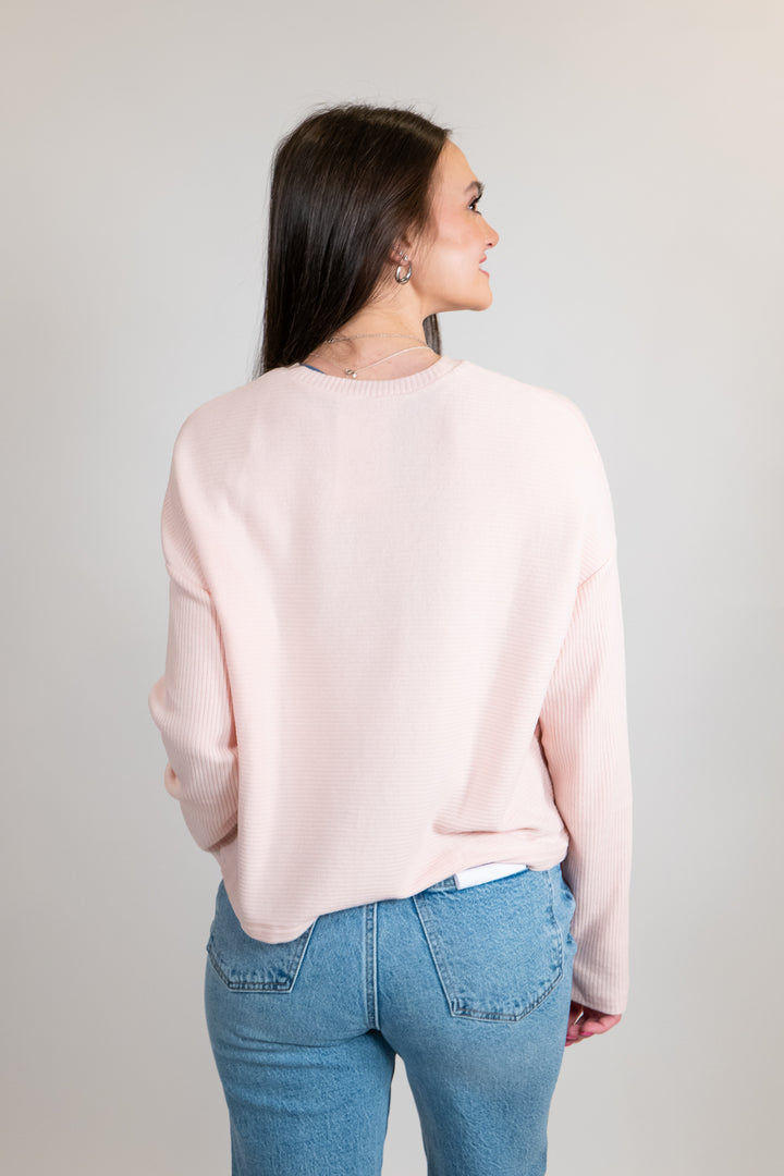 Dusty Pink Drop Shoulder Ribbed Long Sleeve Top