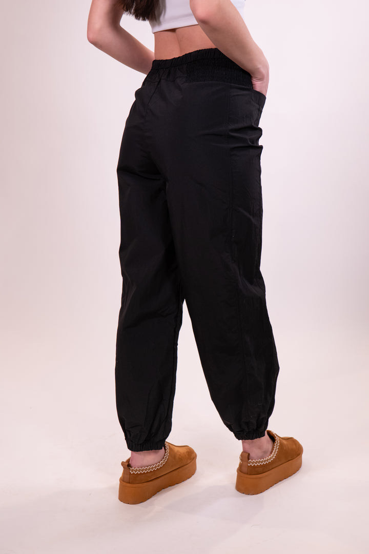 Black Front Patch Pocket Elastic Tie Waist Joggers