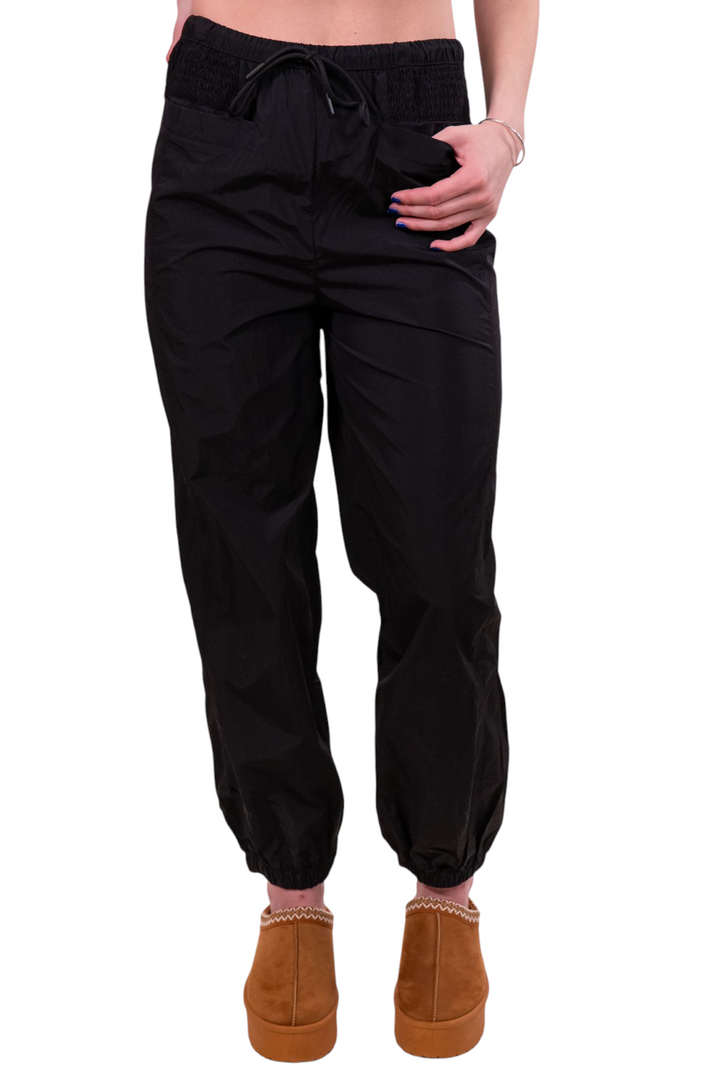 Black Front Patch Pocket Elastic Tie Waist Joggers