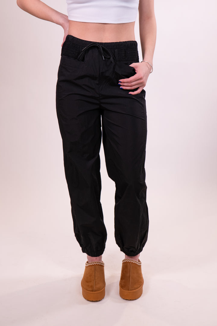 Black Front Patch Pocket Elastic Tie Waist Joggers