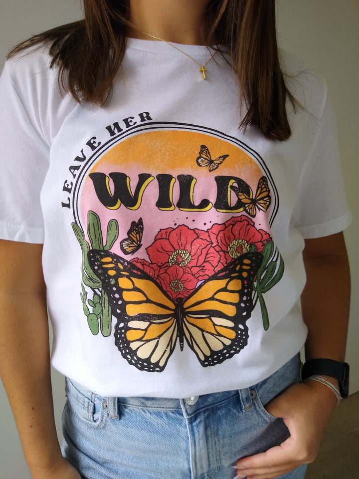 Leave Her Wild Butterfly White Graphic Tee