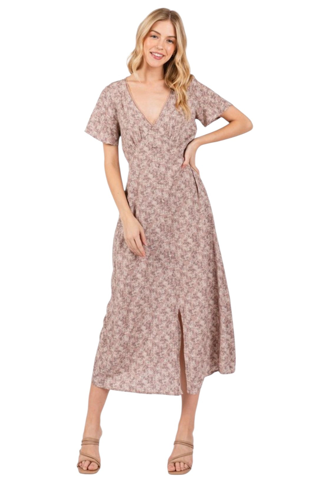 Woodrose Floral Button Trim Midi Dress
