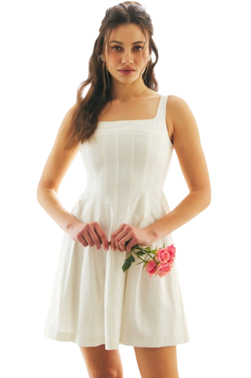 White Fit & Flare Wide Square Neck Pleated Mini Dress