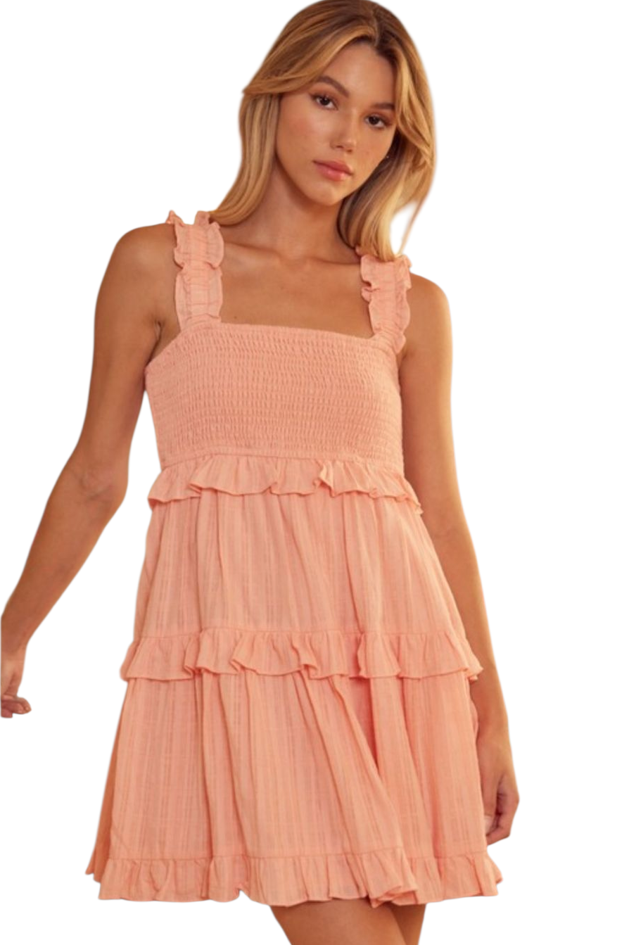 Peach Coral Smocked Textured Cotton Mini Dress