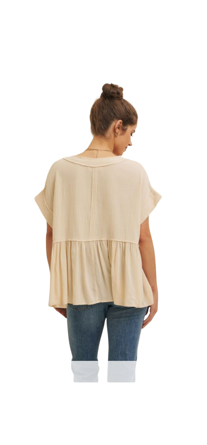 Natural Duo Fabric Raw Edge Cotton Babydoll Top
