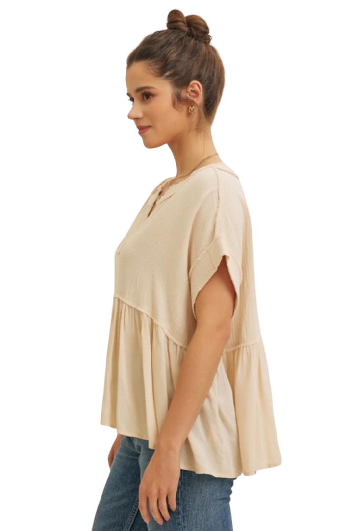 Natural Duo Fabric Raw Edge Cotton Babydoll Top