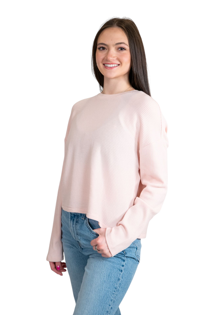 Dusty Pink Drop Shoulder Ribbed Long Sleeve Top