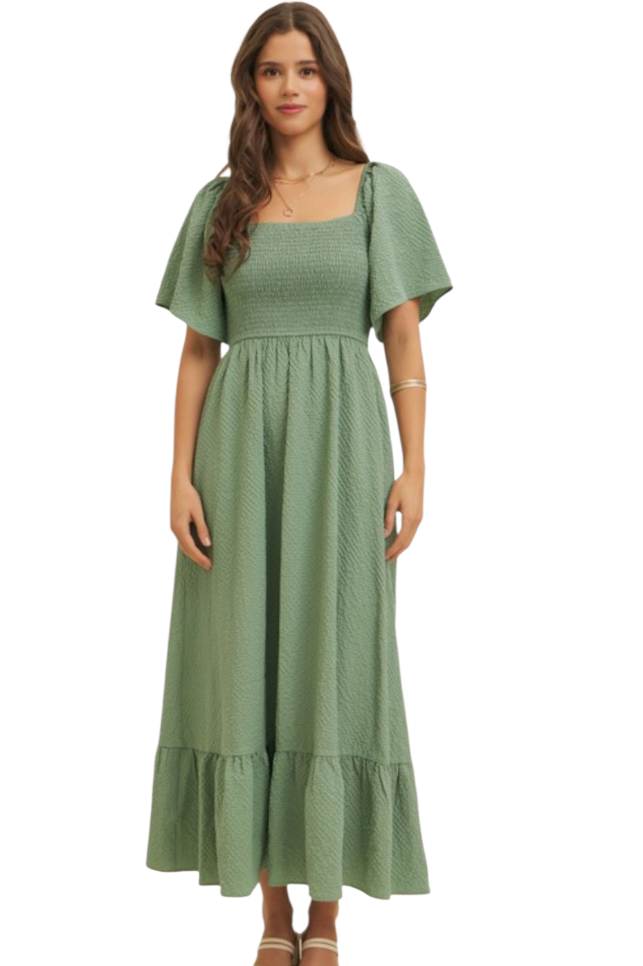 Evergreen Square Neck Flare Sleeve Maxi Dress