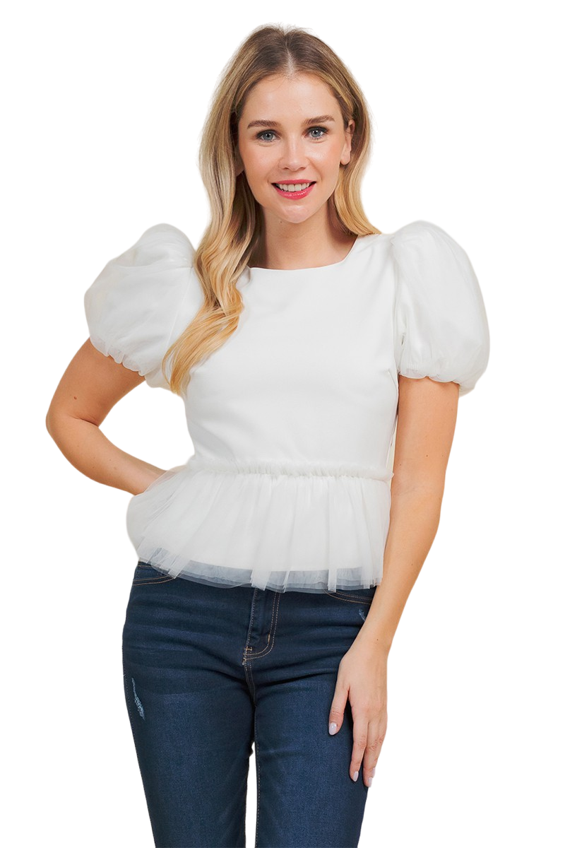 White mesh ruffle deals top
