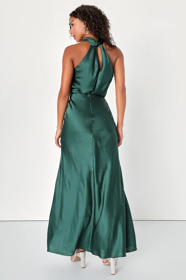 Lulus Hunter Green Satin Halter Twist Front Maxi Dress