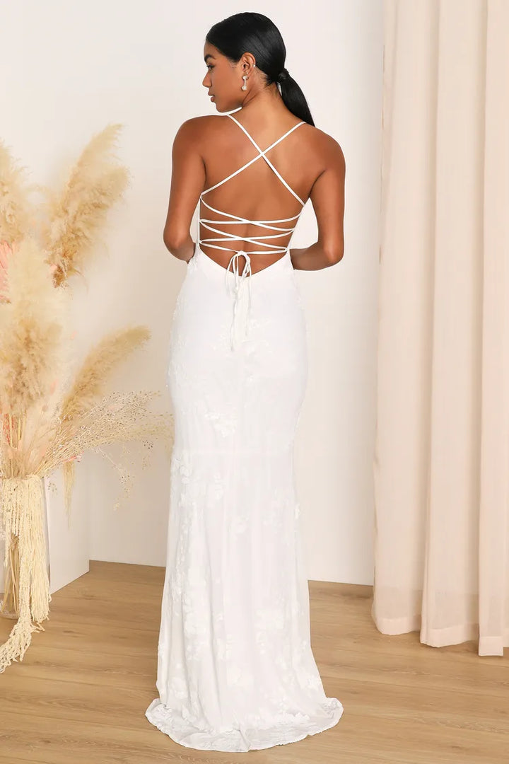 Lulus Valhalla White Sequin Lace Up Maxi Dress