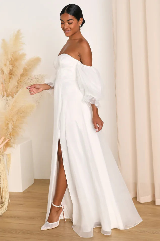 Lulus True Excellence White Bustier Off The Shoulder Maxi Dress