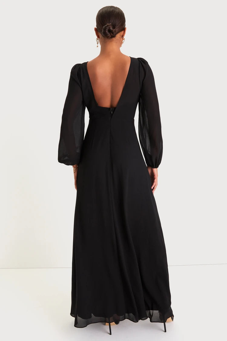 Lulus Black Backless Balloon Sleeve Maxi Dress