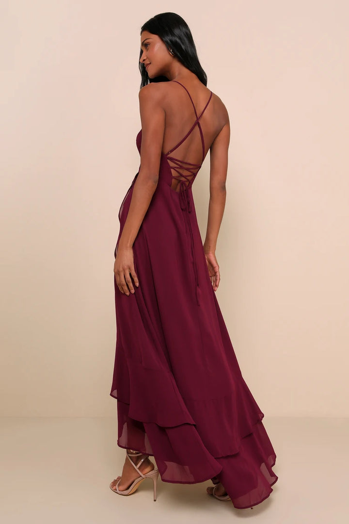 Lulus Plum Lace Up High Low Maxi Dress