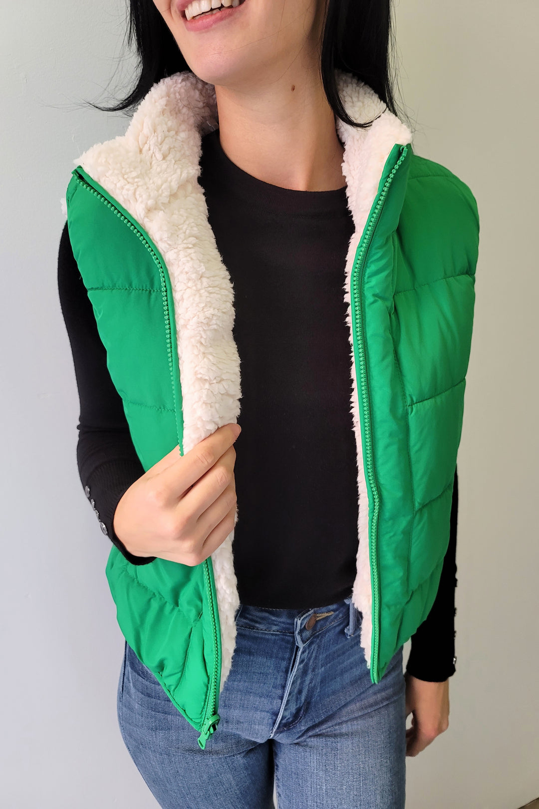 Kelly Green Reversible Sherpa Puffer Vest