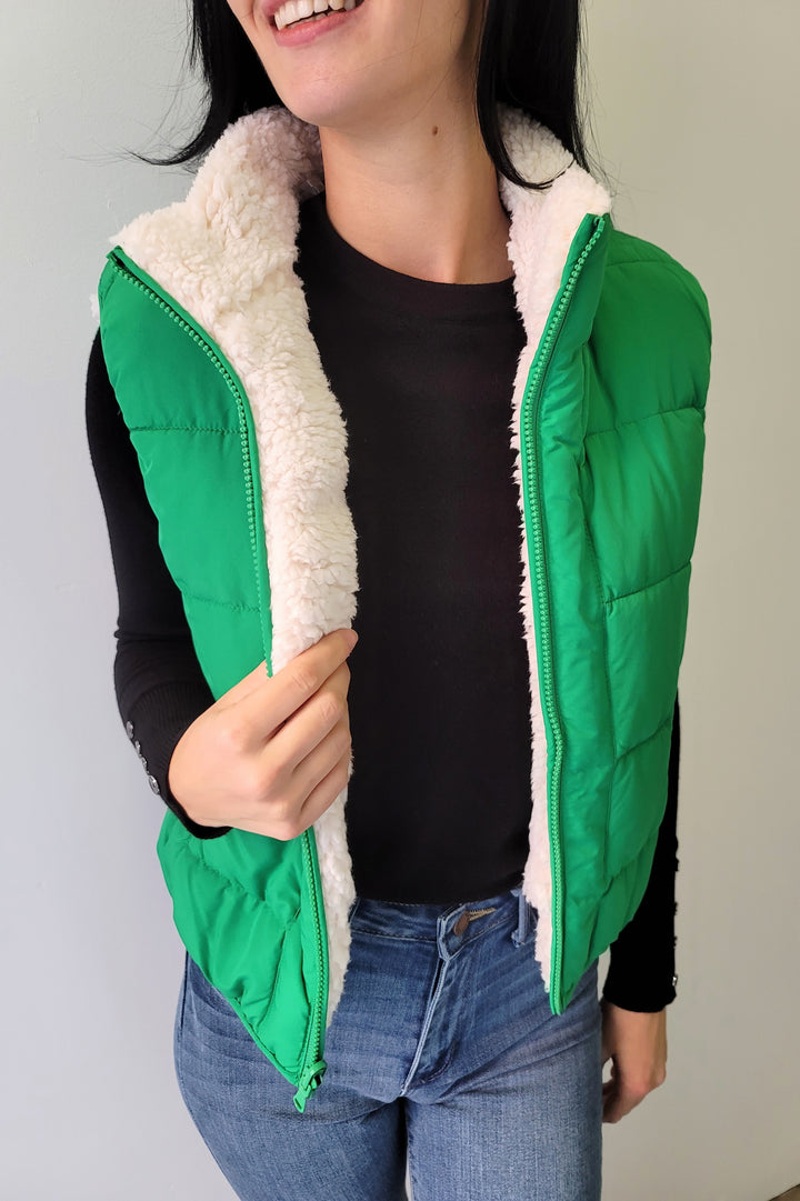 Kelly Green Reversible Sherpa Puffer Vest