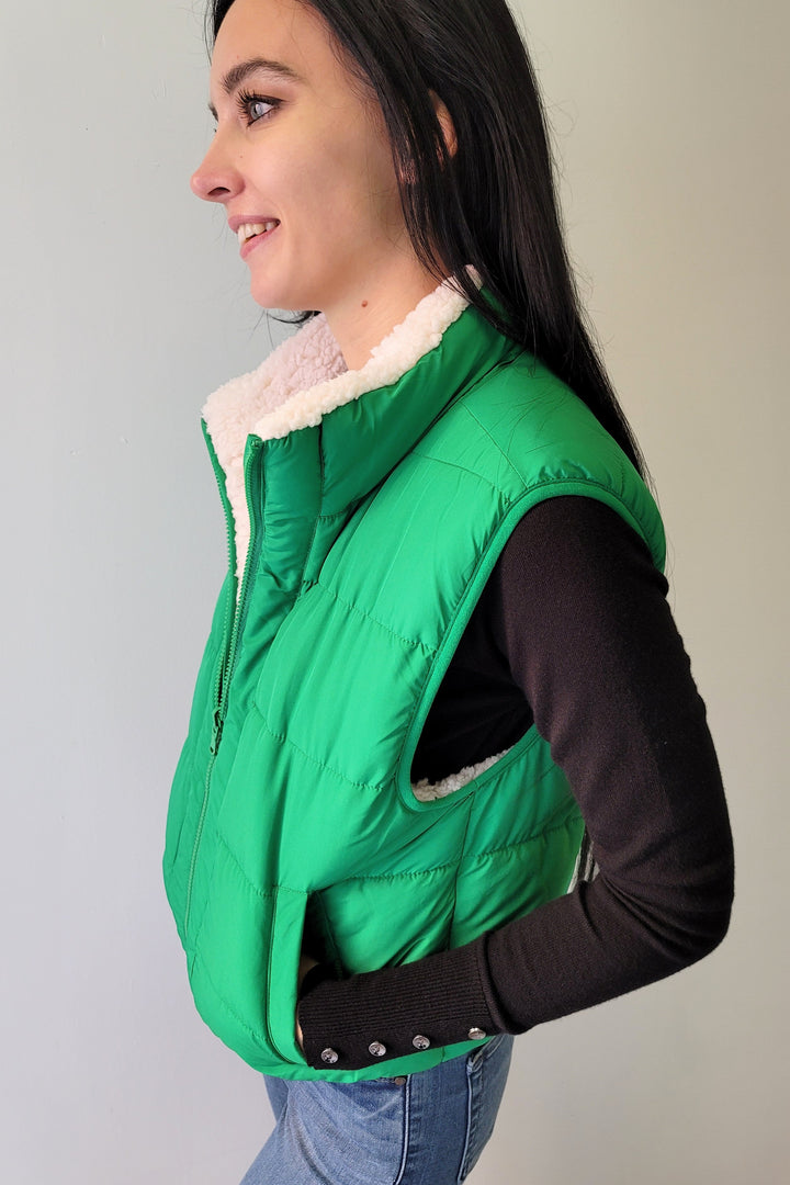 Kelly Green Reversible Sherpa Puffer Vest