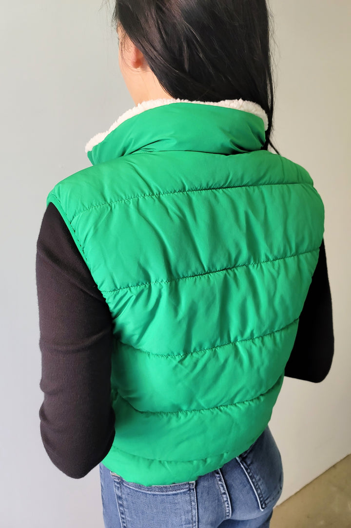 Kelly Green Reversible Sherpa Puffer Vest