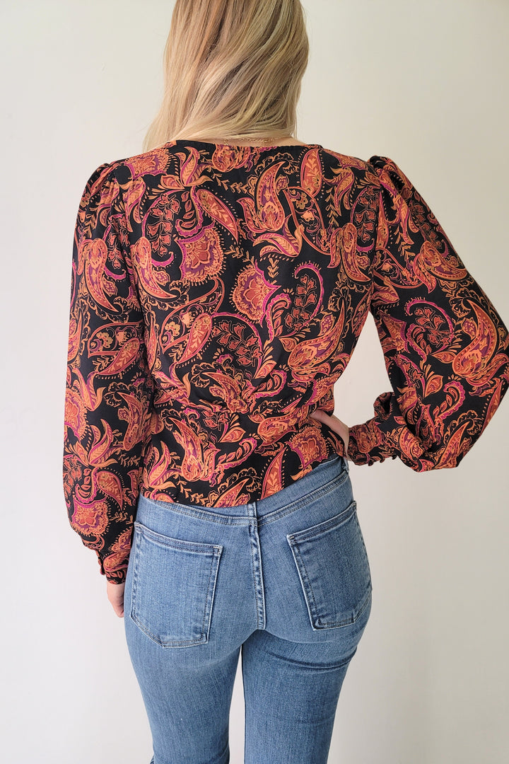 Dex Orange & Purple Paisley V Neck Blouse