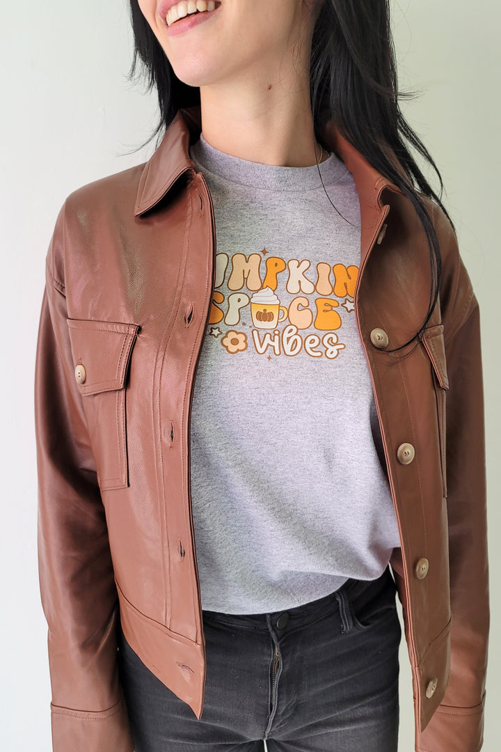 Dex Medium Brown Button Front Faux Leather Jacket