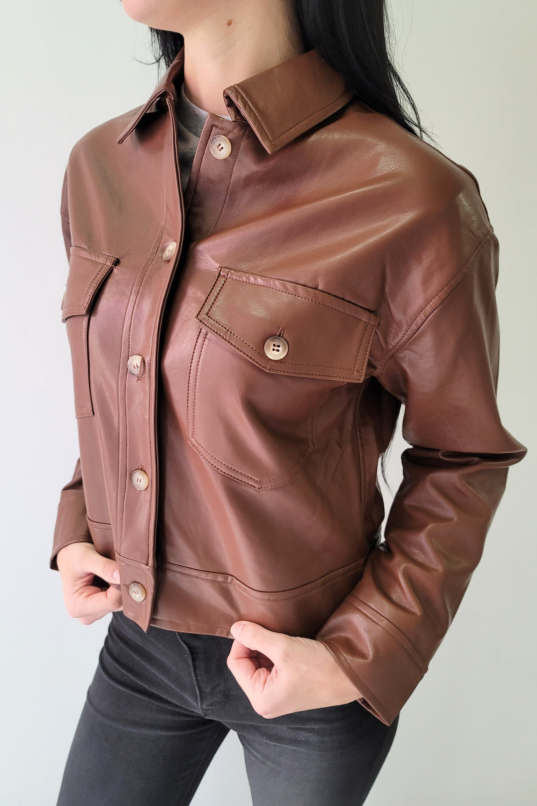 Dex Medium Brown Button Front Faux Leather Jacket