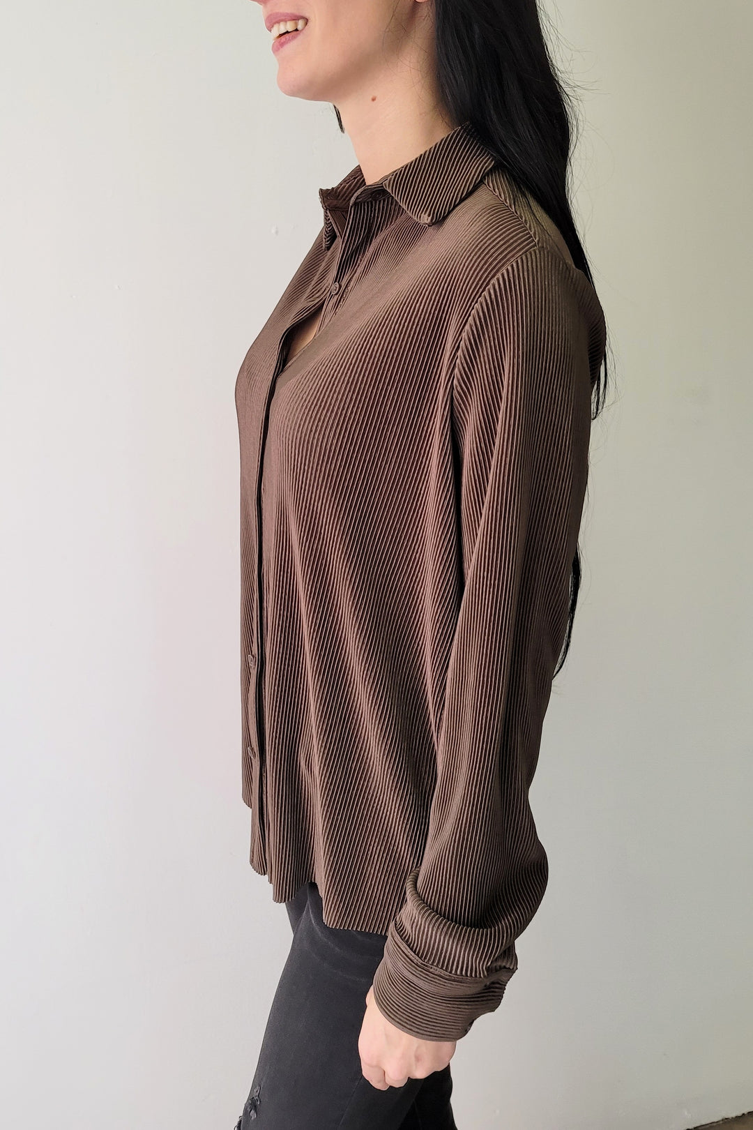 Black Tape Ash Brown Pleated Button Front Shirt