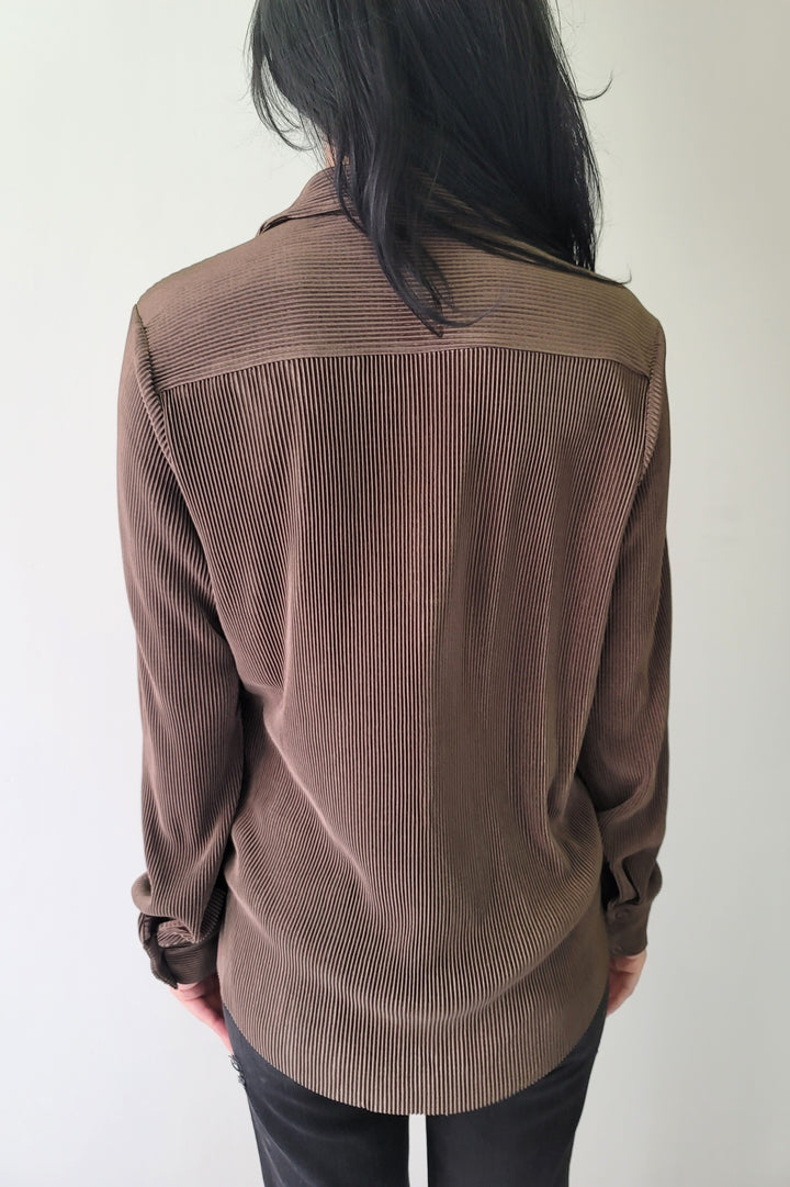 Black Tape Ash Brown Pleated Button Front Shirt