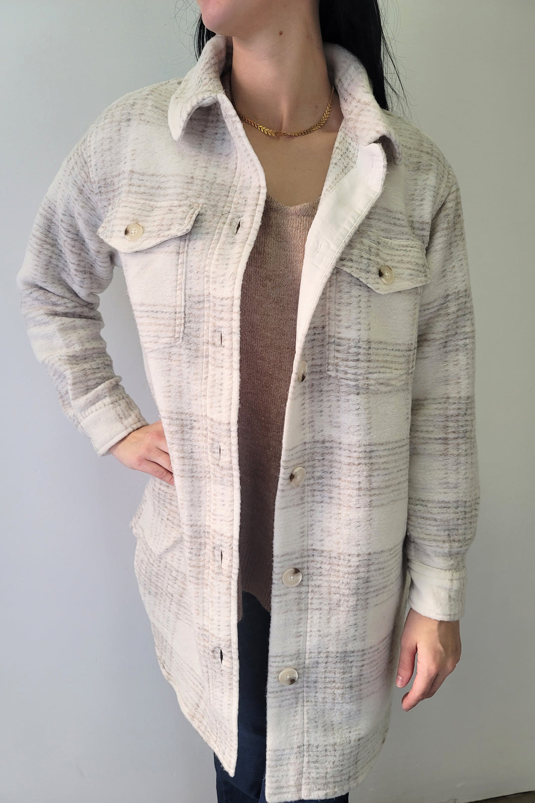 Dex Wheat Plaid Button Front Shacket