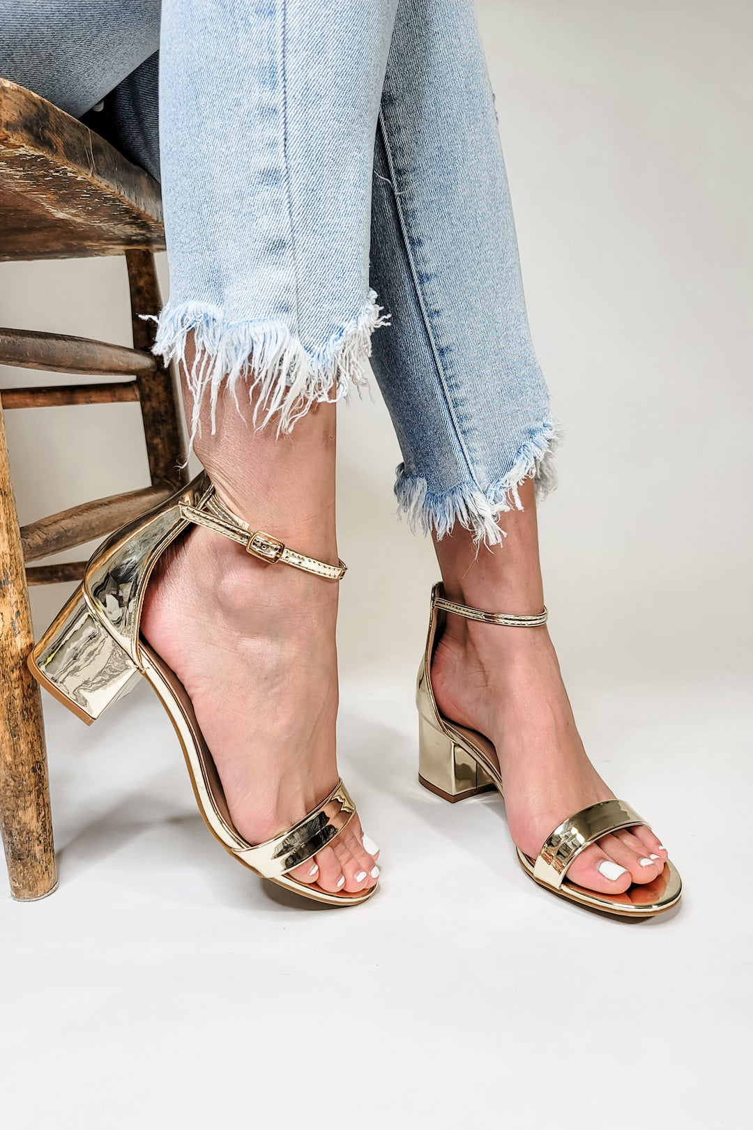 Gold One Band Ankle Strap Block Heel Sandals