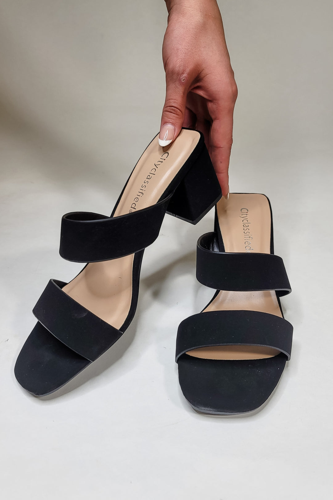 Black Adage Double Strap Sandal Heel