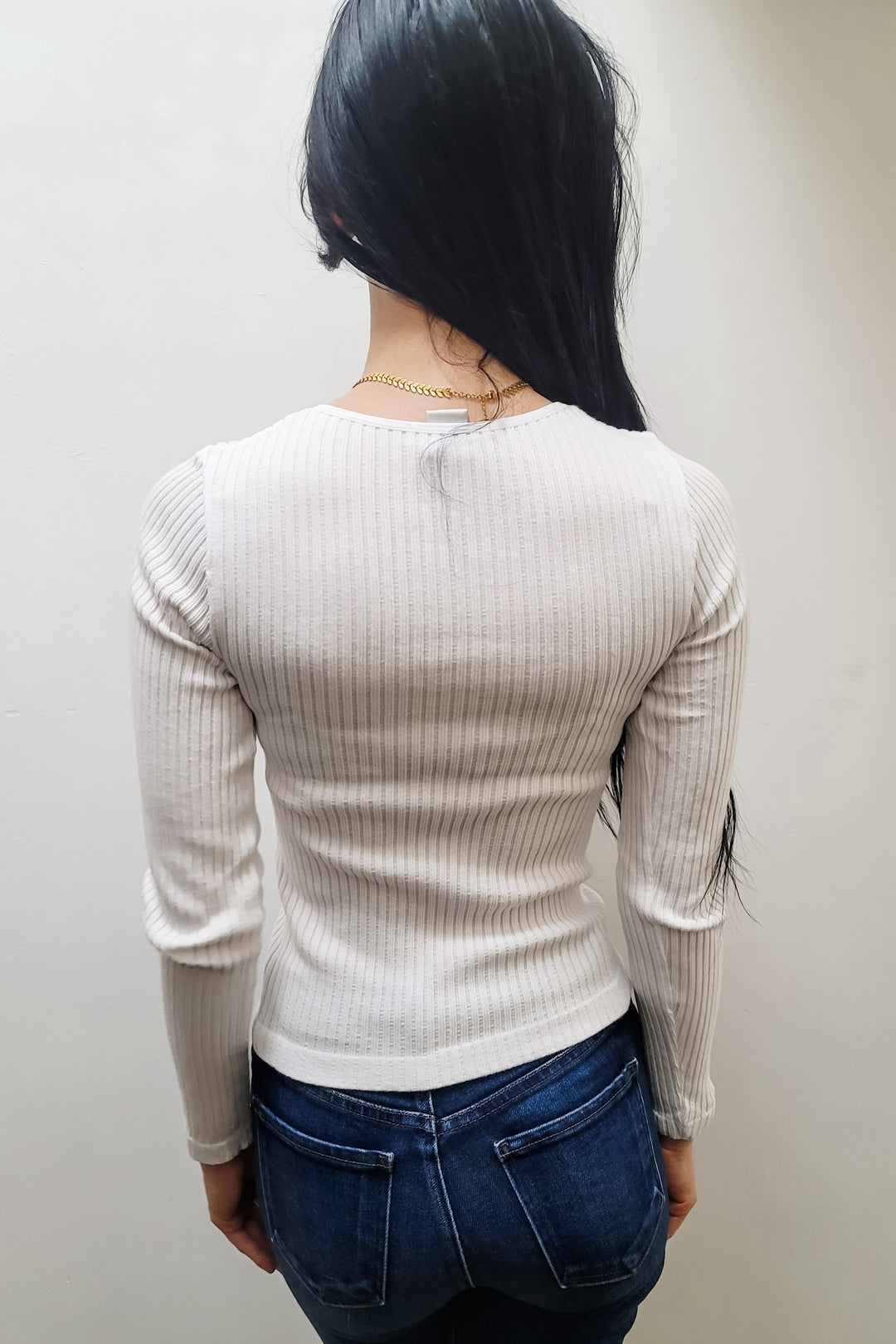 White Thick Rib High Round Neck Long Sleeve Top