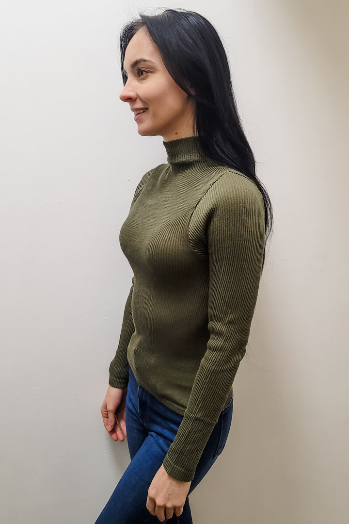 Olive Thick Rib High Mock Neck Long Sleeve Top