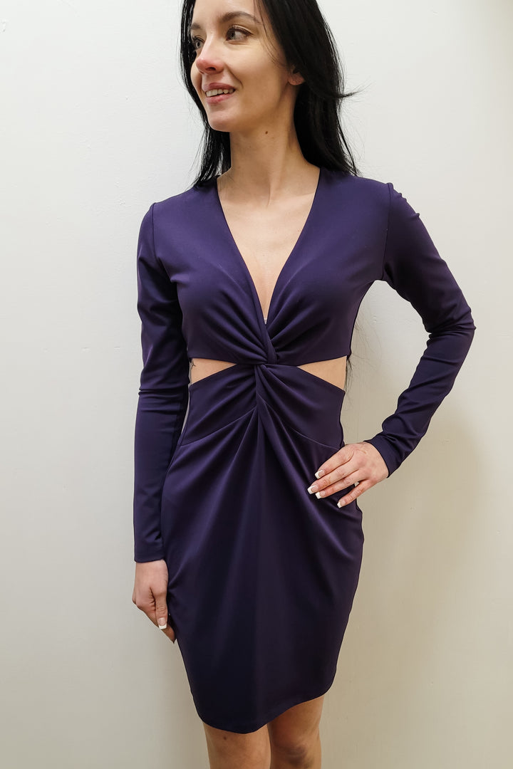 Susana Monaco Eggplant Front Twist Cut Out V Neck Long Sleeve Mini Dress