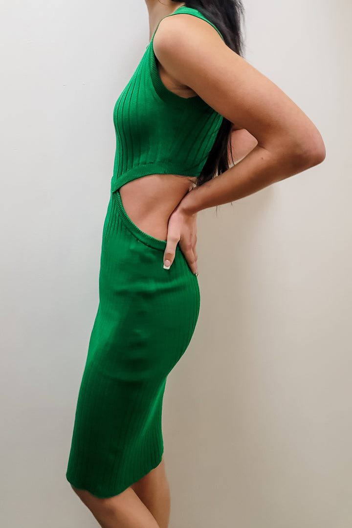 Bobi Green Ribbed Cutout Waist Dress