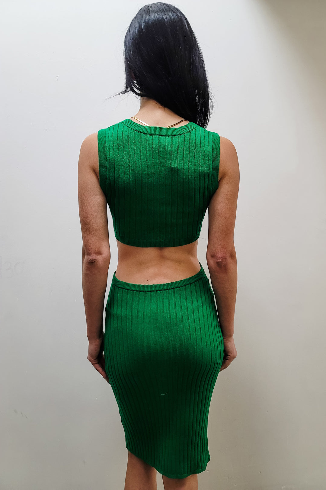 Bobi Green Ribbed Cutout Waist Dress