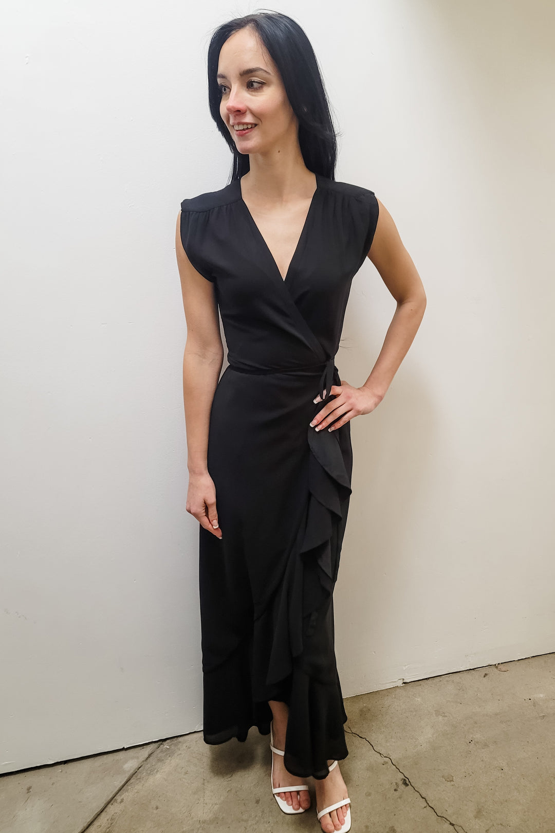 Yumi Kim Black Cap Sleeve Maxi Wrap Dress