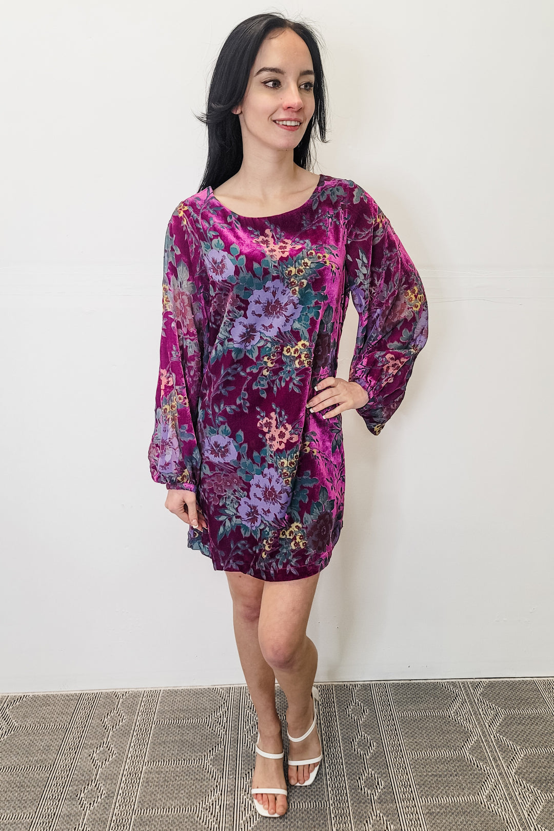 Yumi Kim Purple Floral Velvet LS Mini Dress