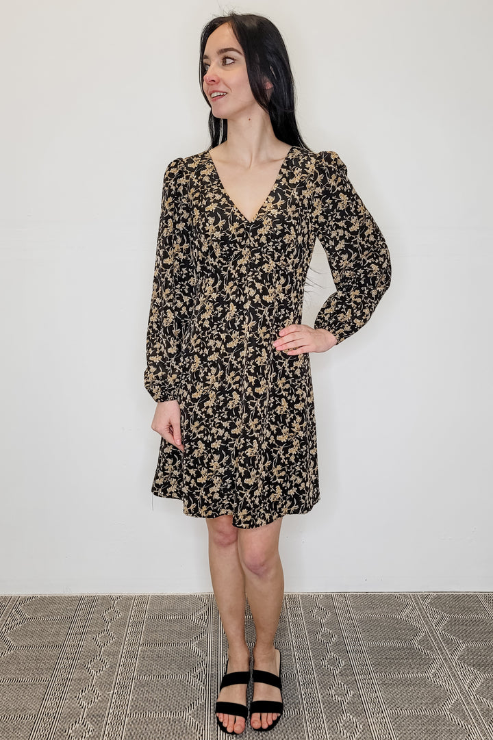 Lucy Paris Black & Gold Floral LS Mini Dress