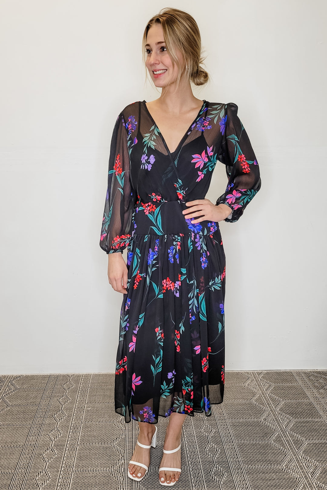 Calvin Klein Black Floral Faux Wrap LS Midi Dress