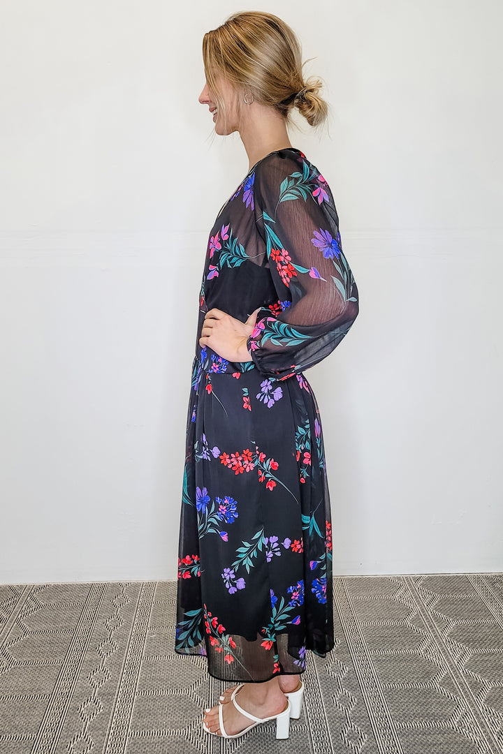 Calvin Klein Black Floral Faux Wrap LS Midi Dress