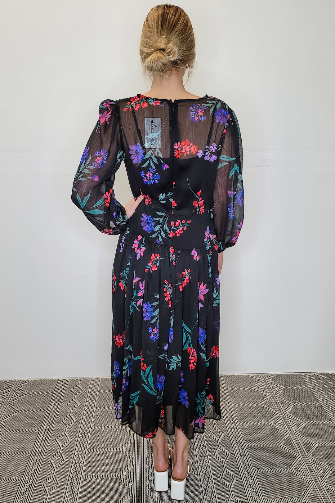 Calvin Klein Black Floral Faux Wrap LS Midi Dress Luscious Boutique Calvin Klein Black Floral Faux Wrap LS Midi Dress Luscious Boutique