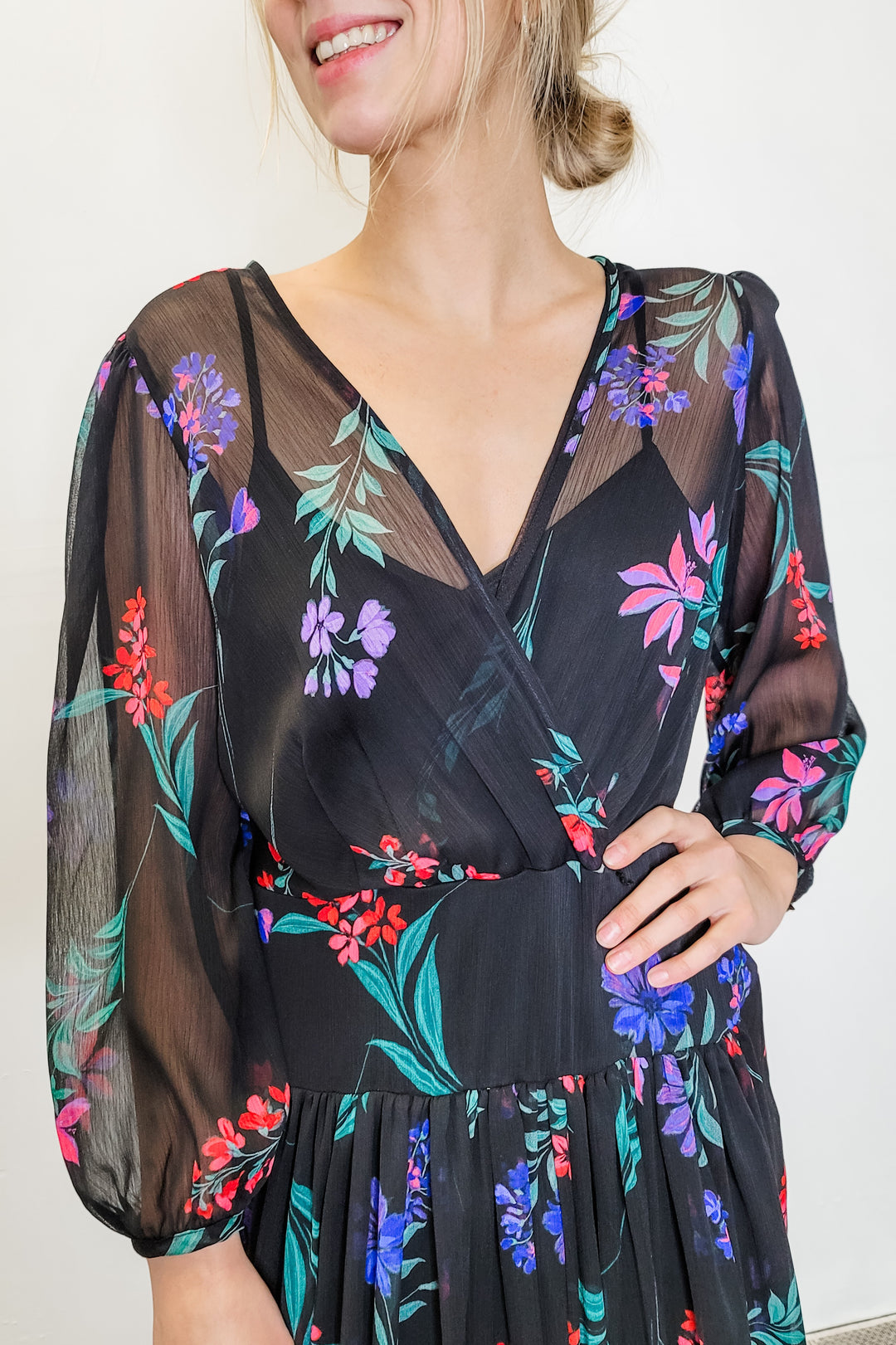 Calvin Klein Black Floral Faux Wrap LS Midi Dress Luscious Boutique Calvin Klein Black Floral Faux Wrap LS Midi Dress Luscious Boutique
