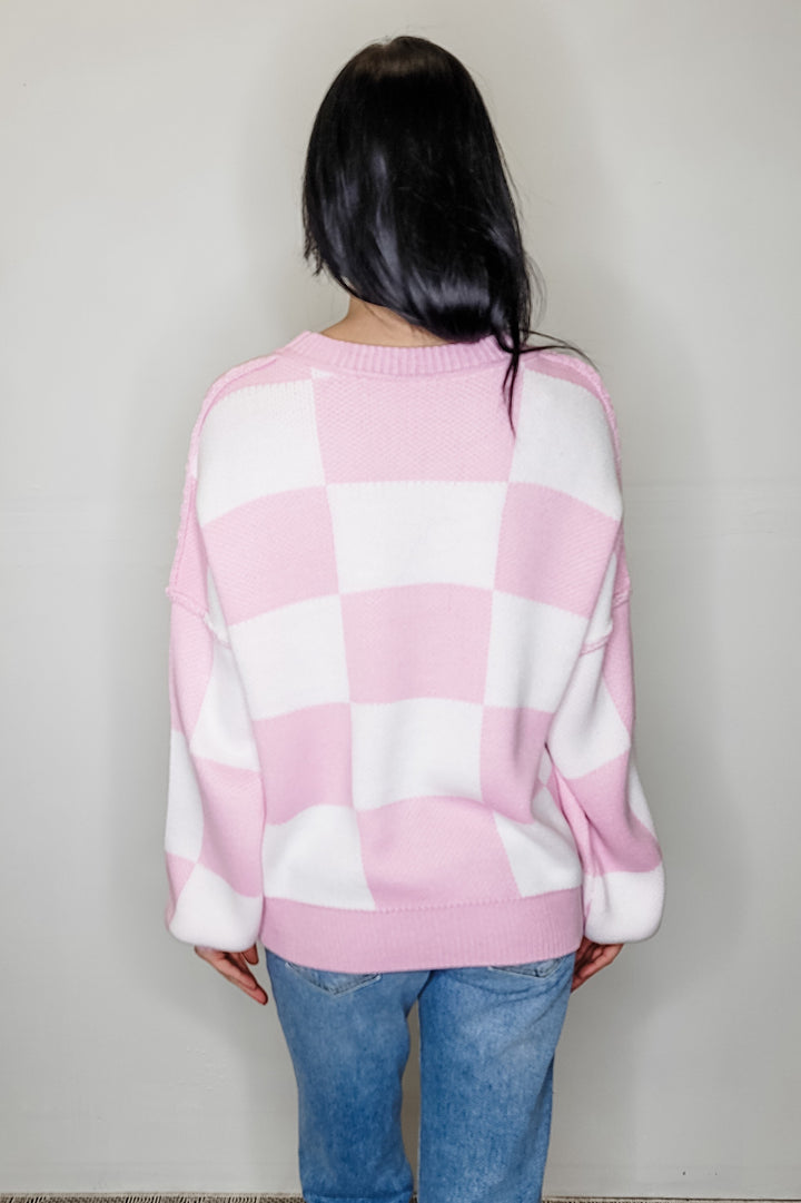 Pink & White Checker Bishop Sleeve Sweater