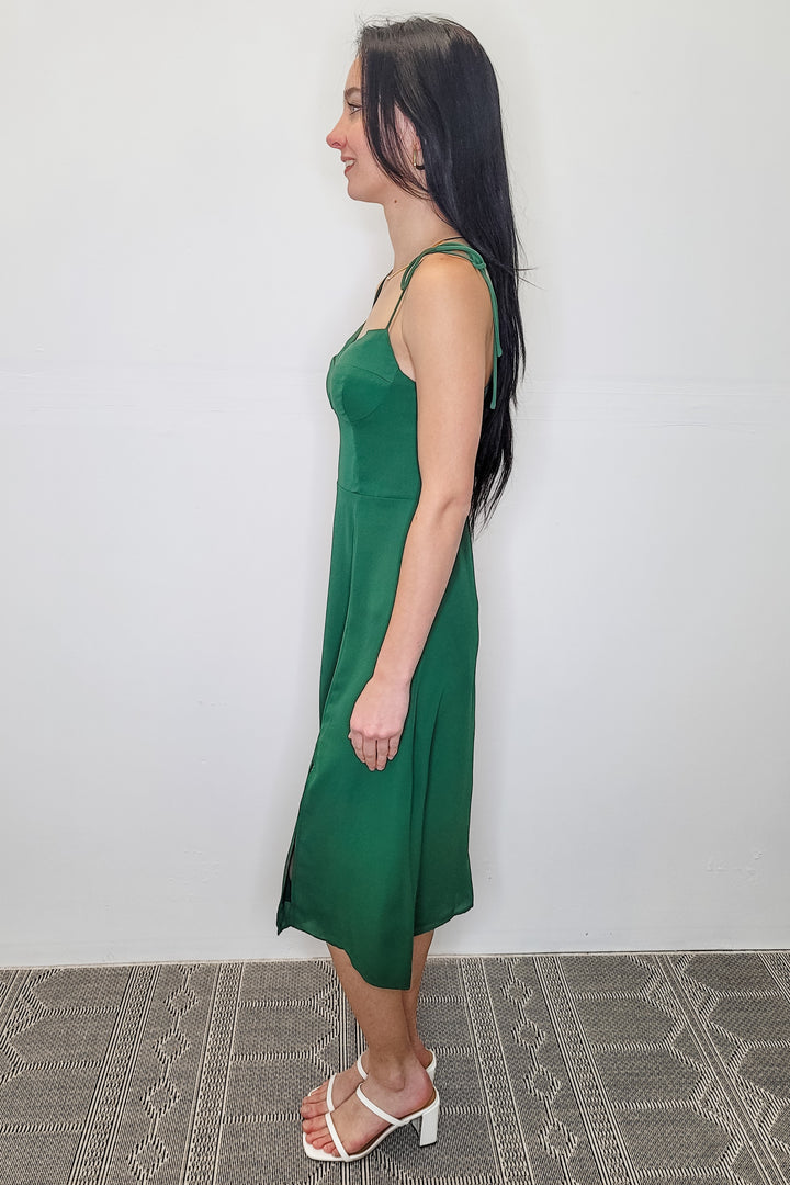 Green Corset Bodice Slit Midi Dress