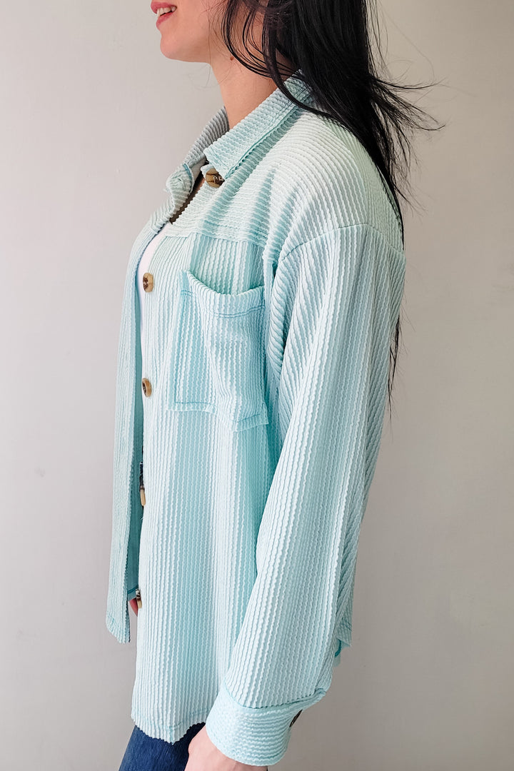 Sky Blue Ribbed Cord Button Shacket