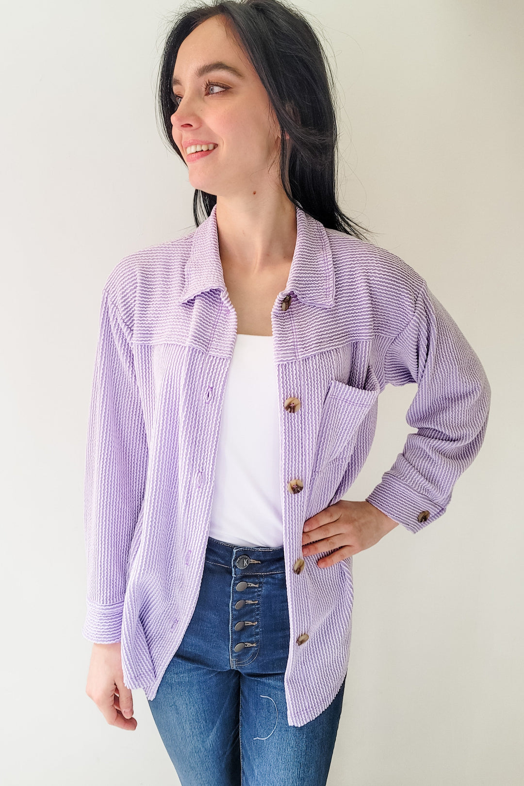 Light Lavender Ribbed Cord Button Shacket