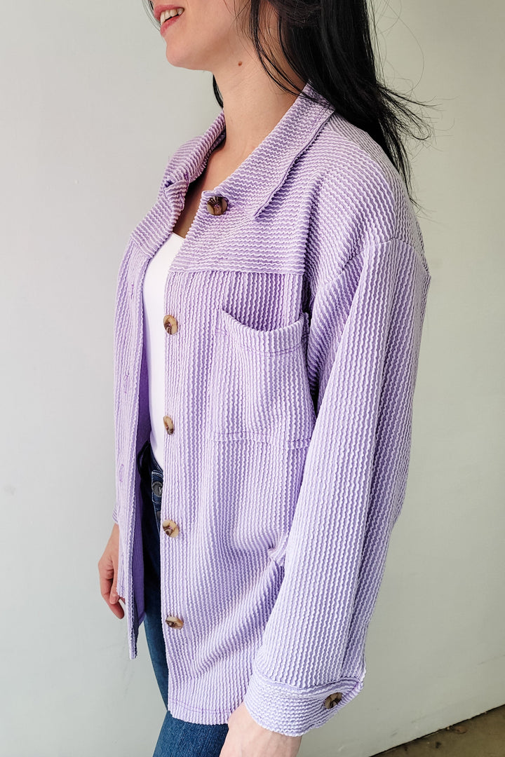 Light Lavender Ribbed Cord Button Shacket